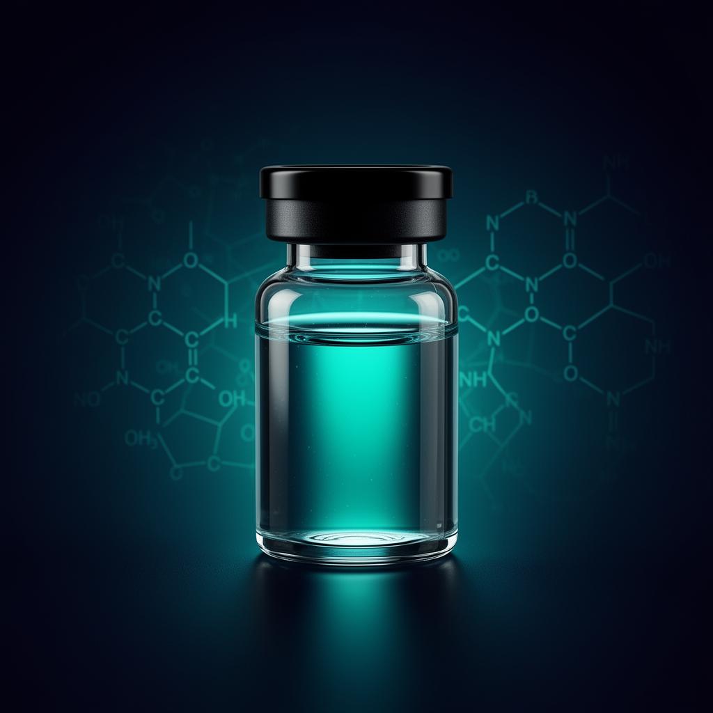 Premium peptide research vial with molecular structure overlay